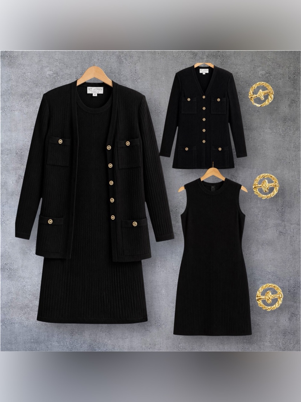 Sz 4/6 St. John Collection Marie Gray Black Knit Dress & Jacket 2PC Set Gold But